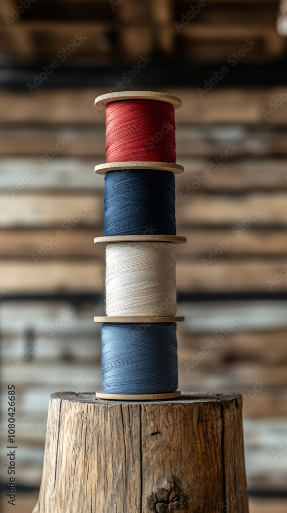 Poster spools of red, blue, and white thread displayed on a wooden log in a workshop