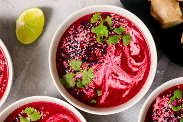 Warming Cream of Beet Soup with Ginger, Lime and Cilantro