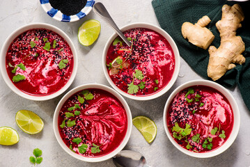 Warming Cream of Beet Soup with Ginger, Lime and Cilantro