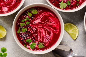 Warming Cream of Beet Soup with Ginger, Lime and Cilantro