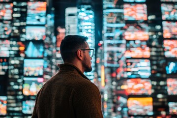 Man in Sweater Staring at Neon City Skyline with Colorful Digital Displays Illuminating Urban Nightlife and Modern Technology Background