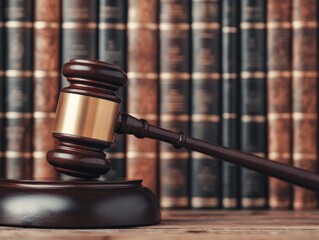 Obraz premium Legal Gavel Resting on a Wooden Block with Law Books in the Background, Symbolizing Justice, Courtroom Procedures, and Judicial Authority