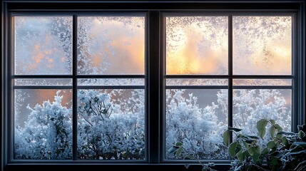 Frosty Window with a View of a Snowy Landscape