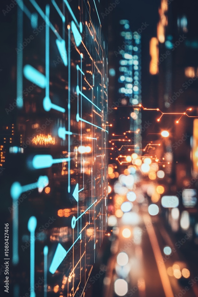 Poster tech inspired abstract cityscape background with blurred lights and data flow elements