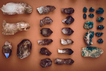 Above, aura and gemstones with crystals in studio for holistic healing, aesthetic and reiki energy....
