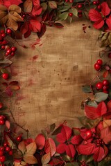 A rustic wooden background adorned with vibrant red and green leaves and berries, perfect for autumn and festive themes.