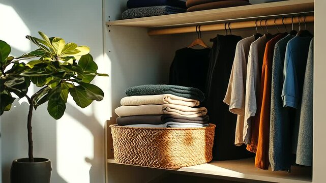A beautifully structured closet with woven baskets, stacks of folded clothes in earthy tones, and a potted plant providing a pop of green, creating a harmonious blend of natural ae
