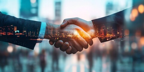 In an urban setting, a professional handshake symbolizes a pivotal business partnership, showcasing essential values like collaboration, trust, and strategic ambition that drive growth and innovation