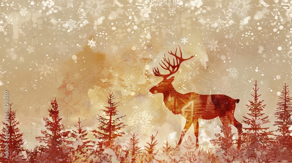 Poster a deer is walking through a forest with snow on the ground. the deer is in the foreground and the tr