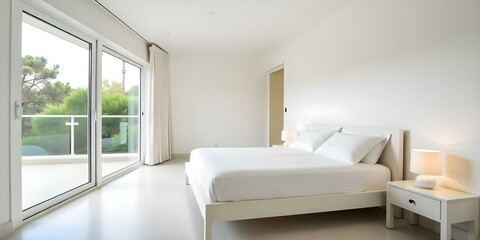 A modern, minimalist bedroom with white walls , a large bed , and sliding glass doors leading to a balcony . The room has a clean, uncluttered aesthetic with neutral colors and simple furnishings 