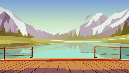 Wooden pier on the lake. Mountain landscape. Vector illustration.