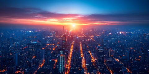 Fototapeta premium Aerial View of a Cityscape at Sunset with a Vibrant Sky and Streets Illuminated by City Lights