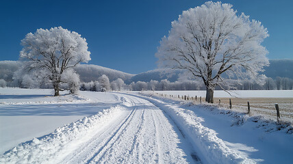 Fototapeta premium A winter pic with a snowy landscape and a clear blue sky