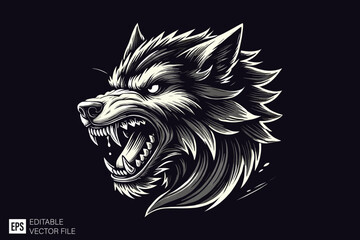 wolf head dark art style vector design black and white illustration