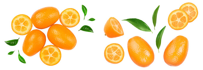 Cumquat or kumquat with half isolated on white background. Top view. Flat lay