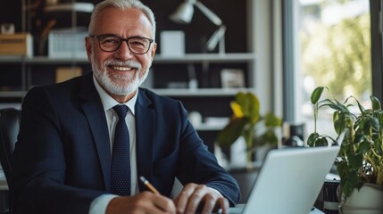 Fototapeta premium A Smiling Senior Businessman in Formal Attire Working at a Desk With a Laptop and Plants in a Modern Office Setting During the Morning Hours