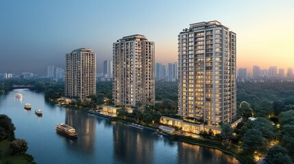Fototapeta premium Modern residential buildings by a river at sunset.
