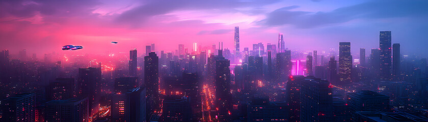 Fototapeta premium Futuristic Cityscape with Neon Lights and Flying Vehicles Under a Purple Sky