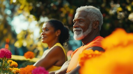 Elderly Couple Enjoying a Sunny Afternoon in a Garden Filled With Vibrant Flowers While Engaging in Conversation and Sharing Smiles Together