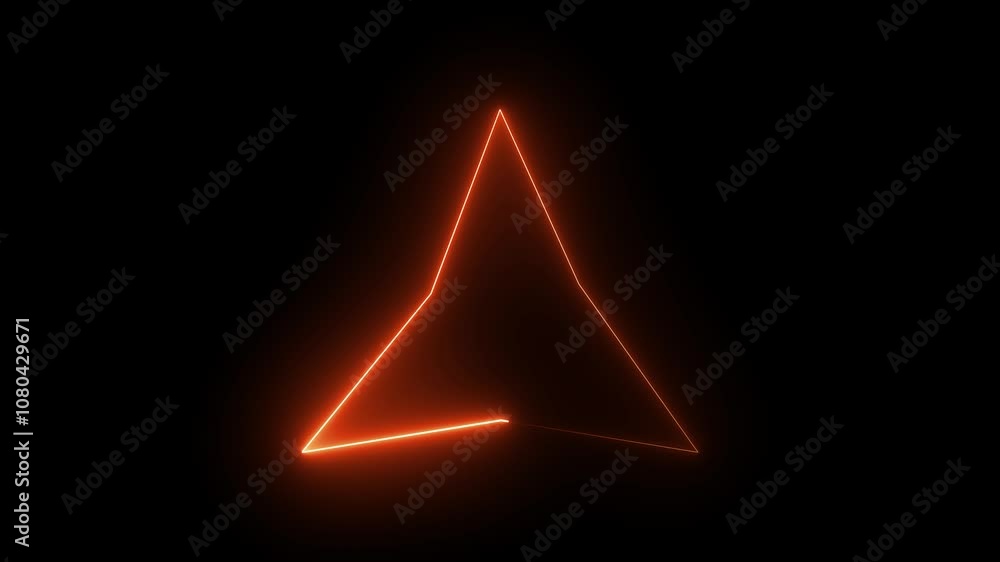 Poster blue pink neon light line running loop triangle black background. triangle shaped lights in orange a
