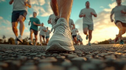 Morning Runners Participating in a Group Training Session on a Paved Road Under a Beautiful Sky During Sunrise