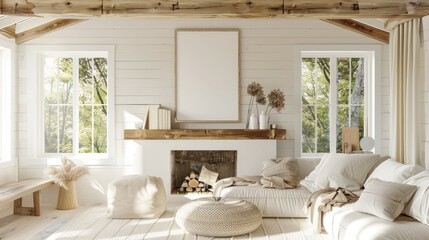 Fototapeta premium Cozy living room decor inspiration bright and airy space interior design natural light wide angle home aesthetics