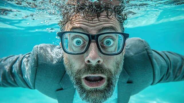 A Man in a Suit With Glasses Submerged in Water, Expressing Surprise While Swimming in a Blue Pool During Daylight Hours