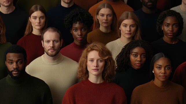 A Diverse Group of Individuals Stands Together, Showcasing Unity and Connection in a Variety of Warm, Knitted Attire Against a Neutral Background
