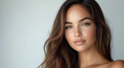 Obraz premium close-up portrait of a young woman with flowing hair and striking eyes, exuding beauty and emotion.