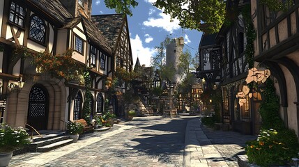 Obraz premium A picturesque medieval village street with charming houses, greenery, and a clear sky.