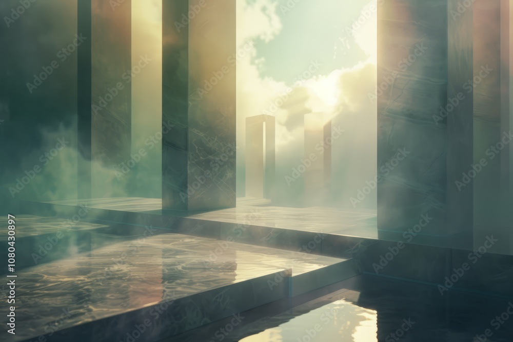 Poster surreal scene featuring towering stone pillars in a misty landscape with soft sunlight, creating a d