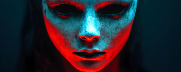 Close-up of a White Mask with Black Eyes Illuminated by Red and Blue Lights, Creating a Dramatic and Eerie Atmosphere