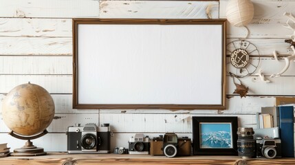 Creative workspace setup home office photography display rustic environment close-up view blank poster concept
