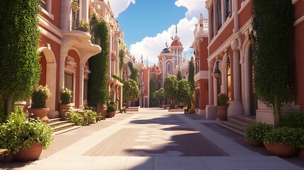 Obraz premium A serene street scene featuring elegant buildings, greenery, and a bright blue sky.