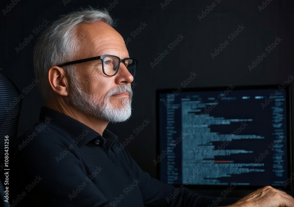 Poster a focused older man with a beard and glasses sits at a computer, analyzing code on a screen in a dar