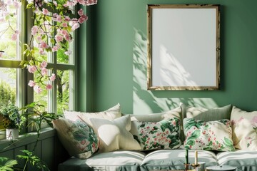 Cozy living room scene bright window interior design green environment close-up view relaxation concept