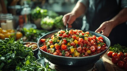 Obraz premium Colorful Cuisine: Preparing a Fresh Plant Salad