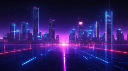 A futuristic city skyline with glowing neon lights and a reflective road in the foreground.