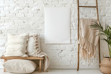 Interior design mockup cozy living room poster display minimalist environment closeup view artistic concept