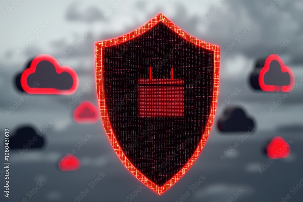 Poster cyber insurance and risk management concept. a digital shield with a binary design surrounded by flo