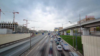Aerial view of urban transport traffic on Begovaya street timelapse hyperlapse, Moscow