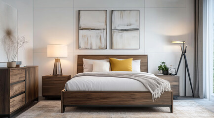 Fototapeta premium Contemporary Nightstand Against Clean White Wall for a Modern Bedroom Feel
