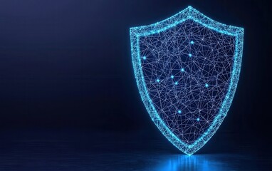 Cyber insurance and risk management concept. A glowing blue shield symbolizing digital security and protection against cyber threats.