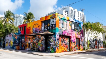 A vibrant, graffiti-covered building in an urban setting, showcasing street art and colorful designs.