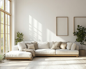Bright Living Room with White Wall and Neutral Sectional for a Spacious, Cozy Feel