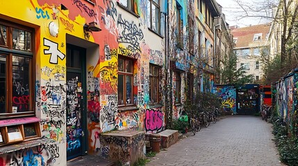 Fototapeta premium A vibrant alleyway adorned with colorful graffiti and bicycles, showcasing urban art and culture.