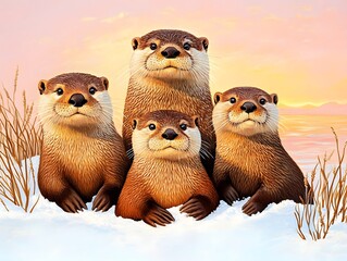 Fototapeta premium Playful Otter Family in Pastel Winter Scene.