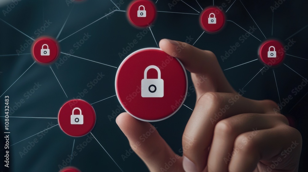 Poster cyber insurance and risk management concept. a person holding a circular icon with a padlock, repres
