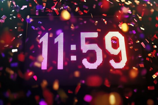 Countdown to New Year’s Eve celebration with digital clock showing 11:59 PM amidst colorful confetti