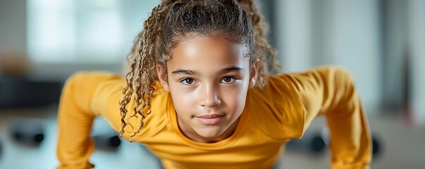 In an energetic living room workout session, a young athlete performs a series of high intensity exercises such as jumping jacks, burpees, push ups